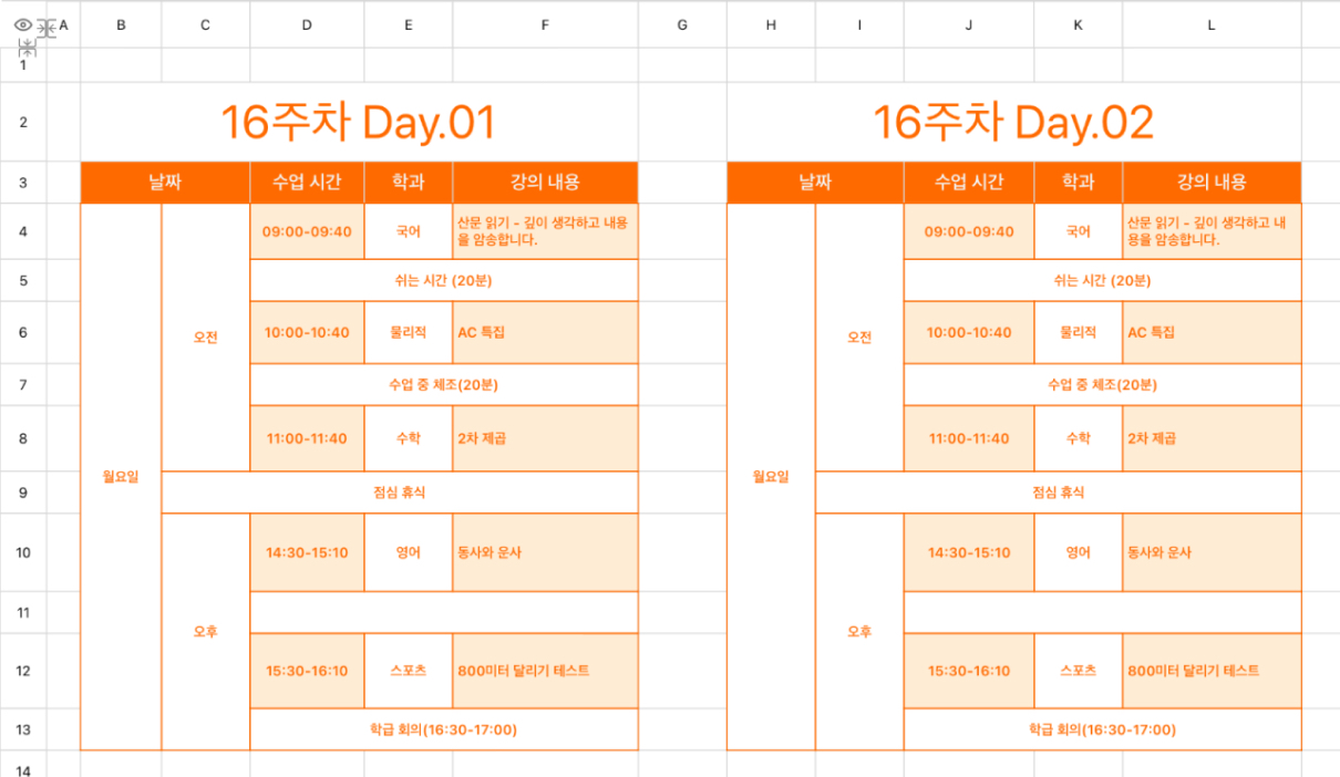 주간 강좌 일정표